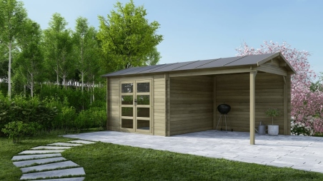 Abri de jardin en bois - 17.4m2 - 5.79x3m - Traité - Ep. 28mm - Couleur: vert