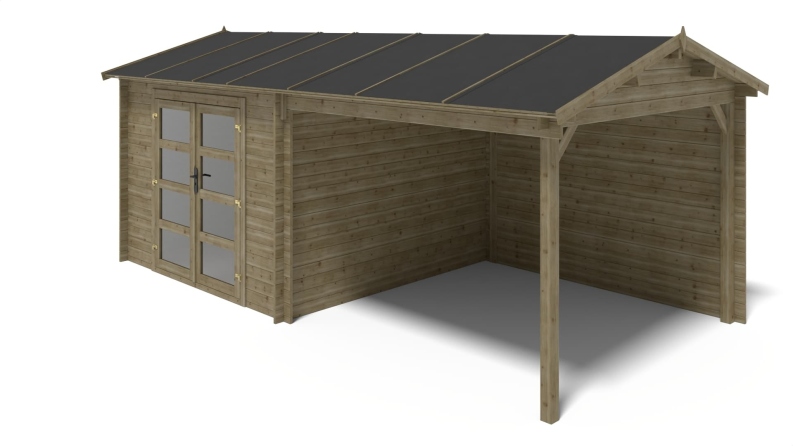 Abri de jardin en bois - 17.4m2 - 5.79x3m - Traité - Ep. 28mm - Couleur: vert