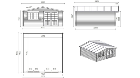 Abri de jardin en bois - 25m2 - 5x5m - Ep. 34mm - Couleur: naturel