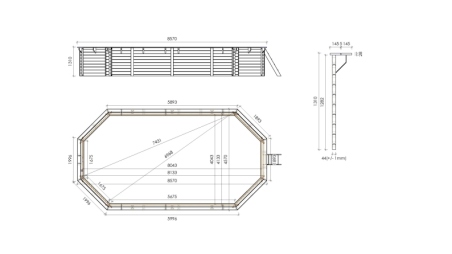 Piscine en bois 8.57x4.57 - H.1.31 m fixations à visser