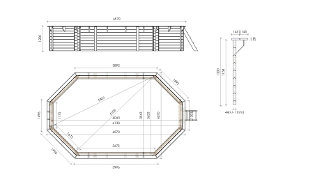 Piscine en bois 6.57x4.07 - H.1.2 m fixations à sceller