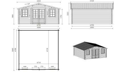 Abri de jardin en bois - 25m2 - 5x5m - Traité - Ep. 40mm - Couleur: vert