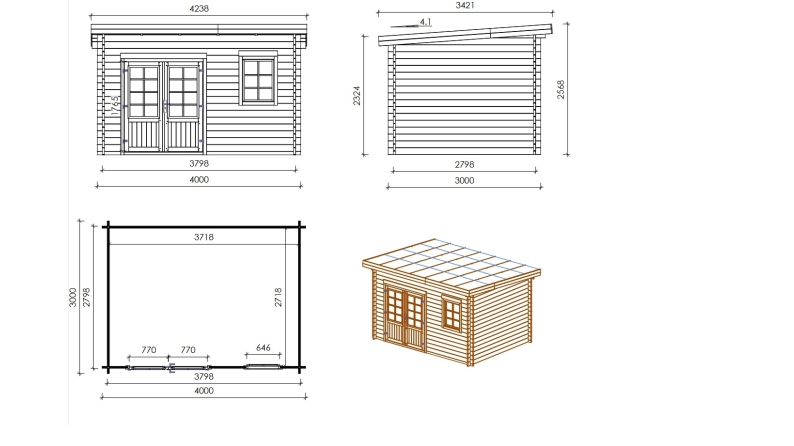 Abri de jardin en bois - 12m2 - 4x3m - Traité - Ep. 40mm - Couleur: vert