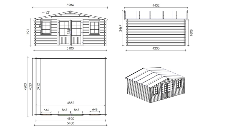 Abri de jardin en bois - 21.42m2 - 5.1x4.2m - Ep. 34mm - Couleur: naturel