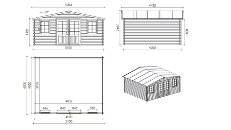 Abri de jardin en bois - 21.42m2 - 5.1x4.2m - Ep. 34mm - Couleur: naturel
