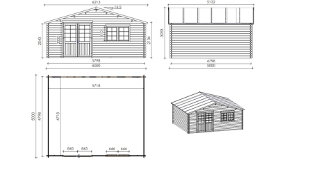 Abri de jardin en bois - 30m2 - 6x5m - Ep. 40mm - Couleur: naturel
