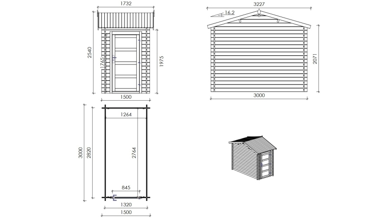 Abri de jardin en bois - 1.5x3 m avec extension de 1.5x2.76 m - 4.5 m² - Traité