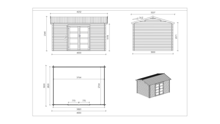 Abri de jardin en bois - 4x3 m avec extension de 4x2.76 m - 12 m² - Traité