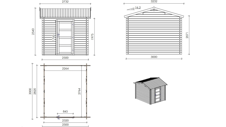 Abri de jardin en bois - 2.5x3 m avec extension de 2.5x2.76 m - 7.5 m² - Traité