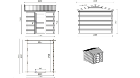Abri de jardin en bois - 2.5x3 m avec extension de 2.5x2.76 m - 7.5 m² - Traité