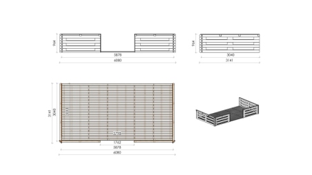 Abri de jardin en bois - 6x6 m + terrasse avec balustrade et avant-toit en bois - 54 m2