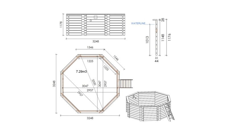 Piscine en bois Coral 3.25x3.25 - H.1.18 m autoportante