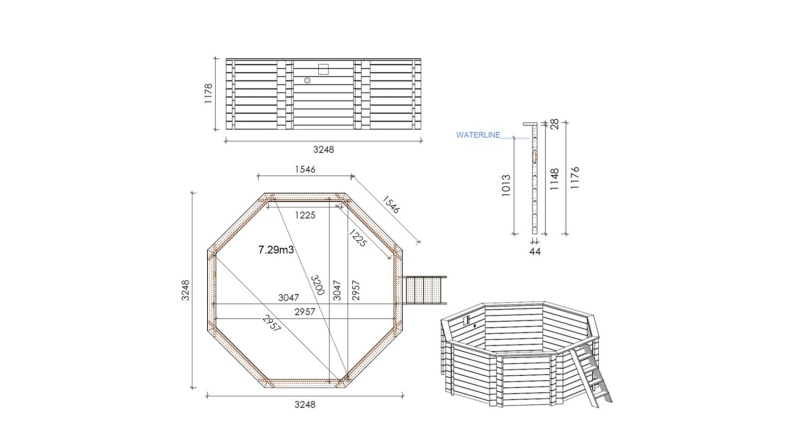 Piscine en bois Coral 3.25x3.25 - H.1.18 m autoportante