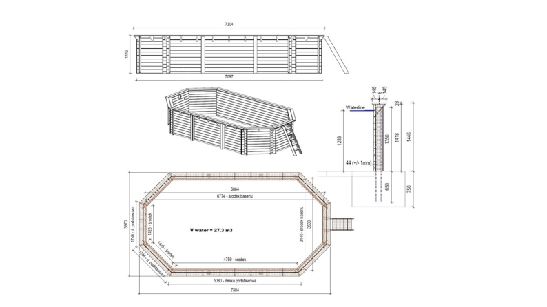 Piscine en bois Nemo 7.3x3.97 - H.1.45 m fixations à sceller