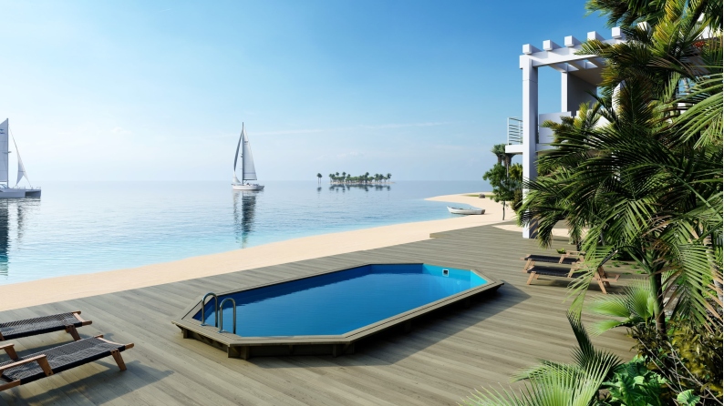 Piscine en bois Nemo 7.3x3.97 - H.1.45 m fixations à sceller