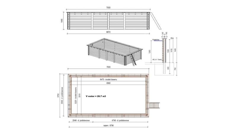 Piscine en bois Aqua 7x3.75 - H.1.45 m fixations à sceller