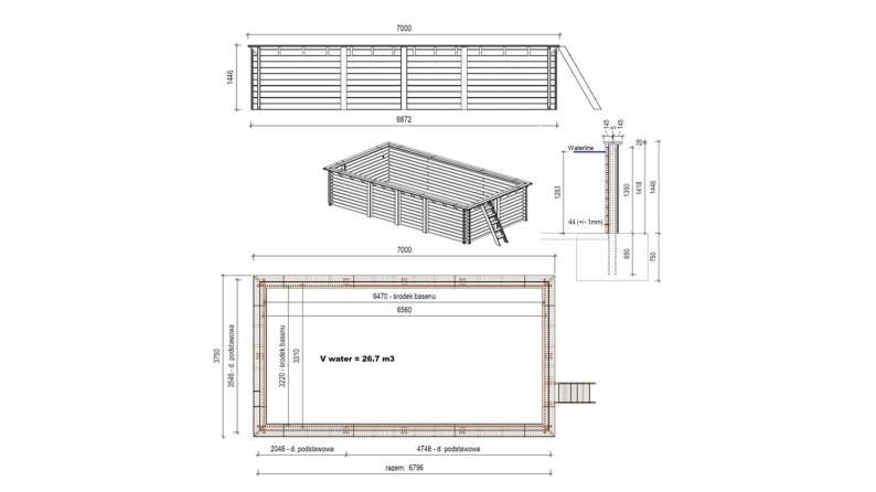 Piscine en bois Aqua 7x3.75 - H.1.45 m fixations à sceller