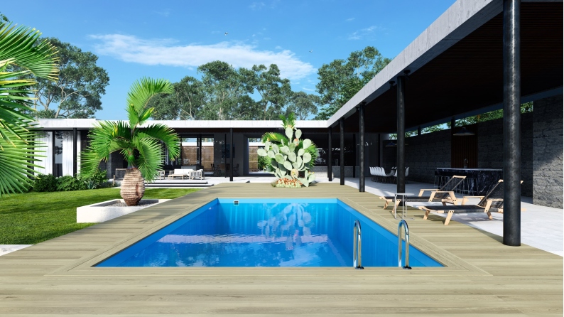 Piscine en bois Aqua 8.5x4.35 - H.1.45 m cadre en métal, sans dalle béton