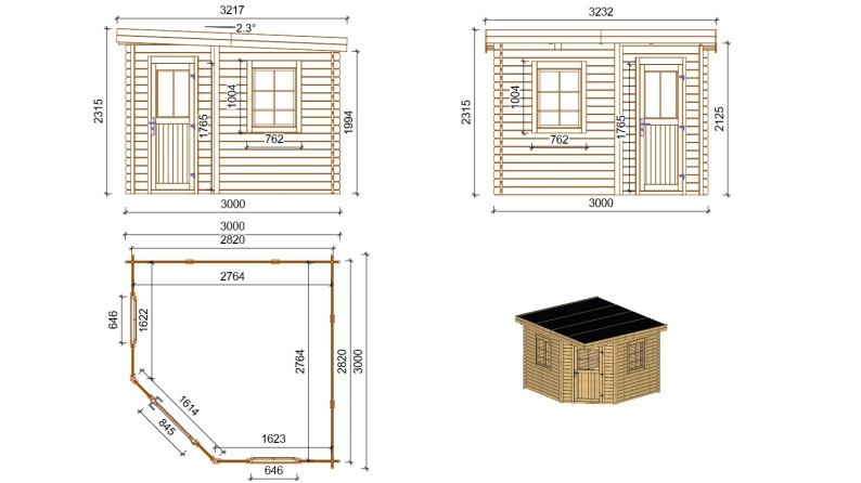 Abri de jardin en bois - 8m2 - 3x3m - Traité - Ep. 28mm - Couleur: marron