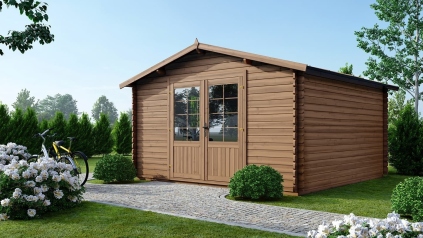 Abri de jardin en bois - 15.2m2 - 3.9x3.9m - Traité - Ep. 34mm - Couleur: marron