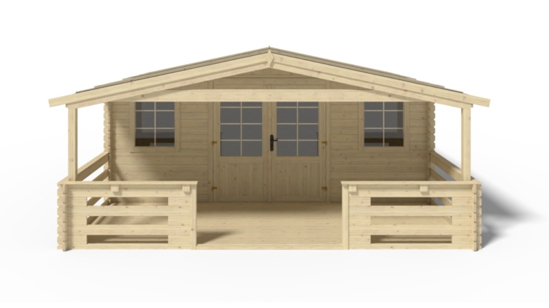 Abri de jardin en bois - 5x4 m + terrasse avec balustrade et avant-toit en bois - 30 m2