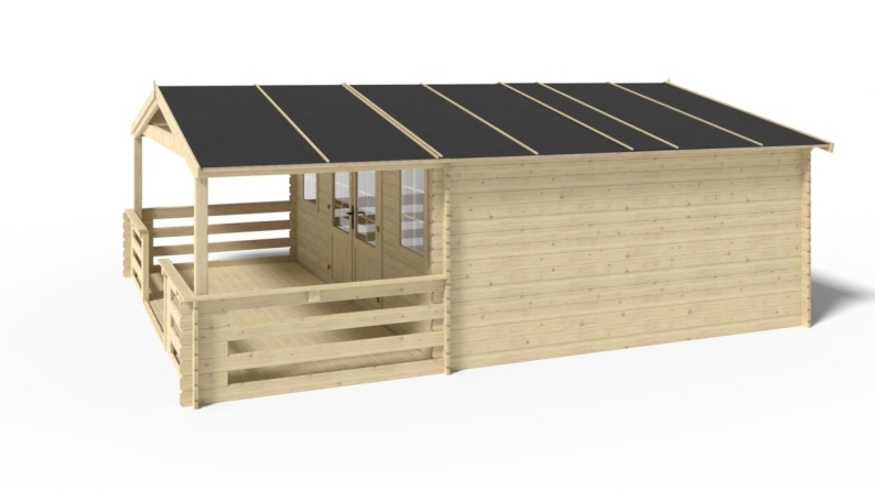 Abri de jardin en bois - 5x4 m + terrasse avec balustrade et avant-toit en bois - 30 m2
