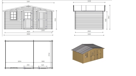 Abri de jardin en bois - 5x3 m + terrasse avec balustrade et avant-toit en bois - 35 m2