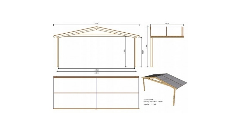 Abri de jardin en bois - 5x3 m + terrasse avec balustrade et avant-toit en bois - 35 m2