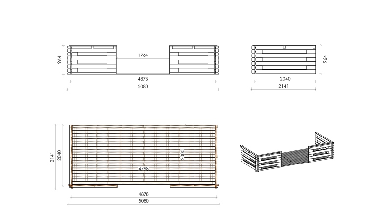 Abri de jardin en bois - 5x4 m + terrasse avec balustrade et avant-toit en bois - 30 m2