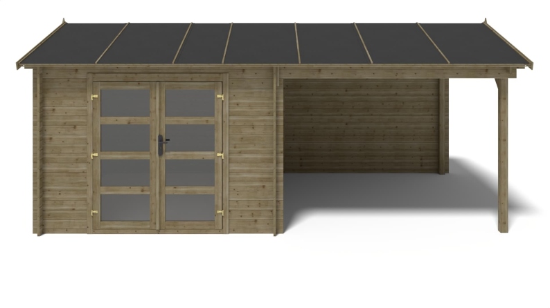 Abri de jardin en bois - 17.4m2 - 5.79x3m - Traité - Ep. 28mm - Couleur: vert