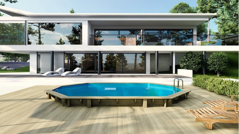 Piscine en bois 6.57x4.07 - H.1.2 m fixations à visser