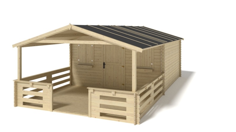 Abri de jardin en bois - 4x3 m - 24 m2 + terrasse avec balustrade et avant-toit en bois