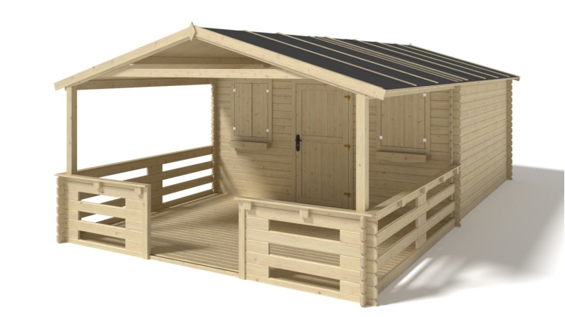 Abri de jardin en bois - 4x4 m - 28 m2 + terrasse avec balustrade et avant-toit en bois