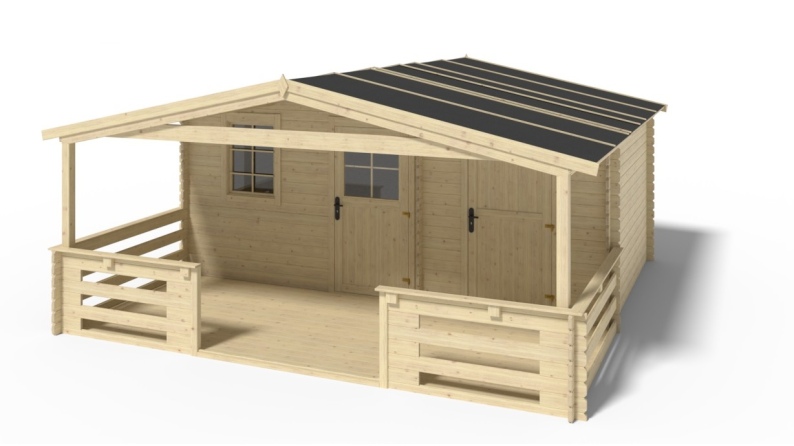 Abri de jardin en bois - 5x3 m - 35 m2 + terrasse avec balustrade et avant-toit en bois