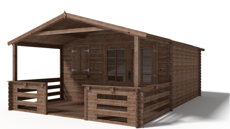 Abri de jardin en bois - 4x3 m - 20 m2 + terrasse avec balustrade et avant-toit en bois - Traité