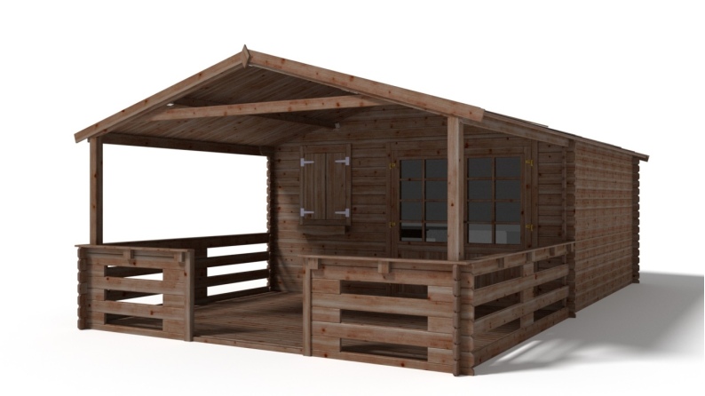Abri de jardin en bois - 4x3 m - 24 m2 + terrasse avec balustrade et avant-toit en bois - Traité