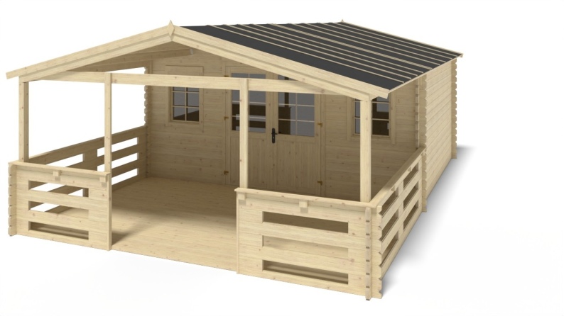 Abri de jardin en bois - 5x4 m - 35 m2 + terrasse avec balustrade et avant-toit en bois