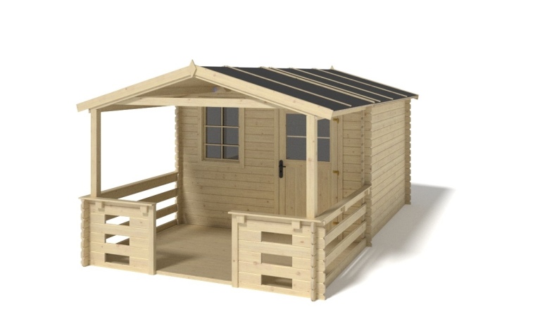 Abri de jardin en bois - 3x2,50 m - 13,50 m2 + terrasse avec balustrade et avant-toit en bois