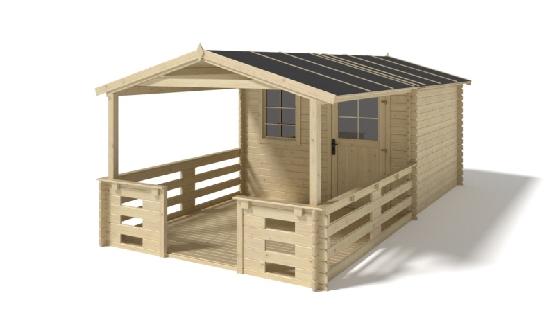 Abri de jardin en bois - 3x2,50 m - 16,50 m2 + terrasse avec balustrade et avant-toit en bois