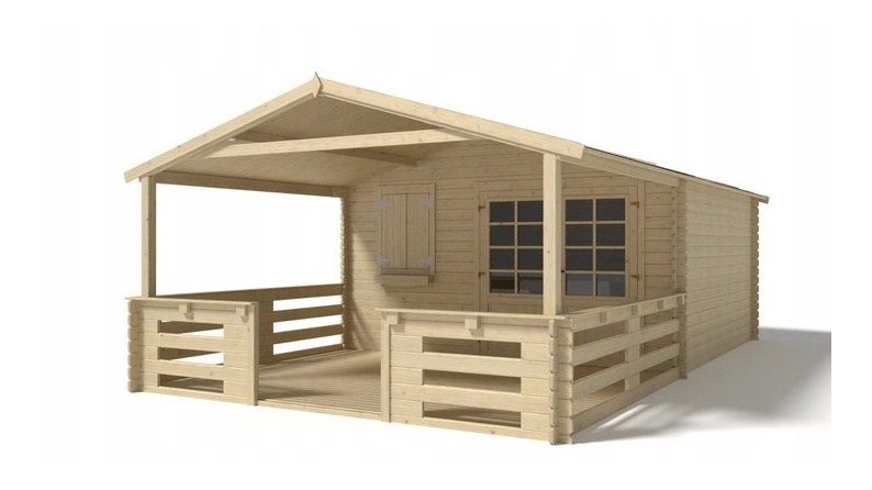 Abri de jardin en bois - 4x4 m + terrasse avec balustrade et avant-toit en bois - 28 m2