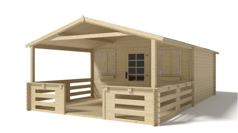 Abri de jardin en bois - 4x3 m - 24 m2 + terrasse avec balustrade et avant-toit en bois