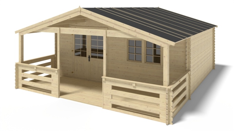 Abri de jardin en bois - 6x5 m - 42 m2 + terrasse avec balustrade et avant-toit en bois